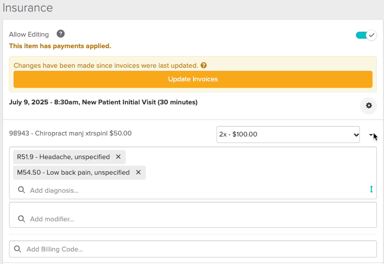 A short video displaying where to change or remove a billing code from a visit