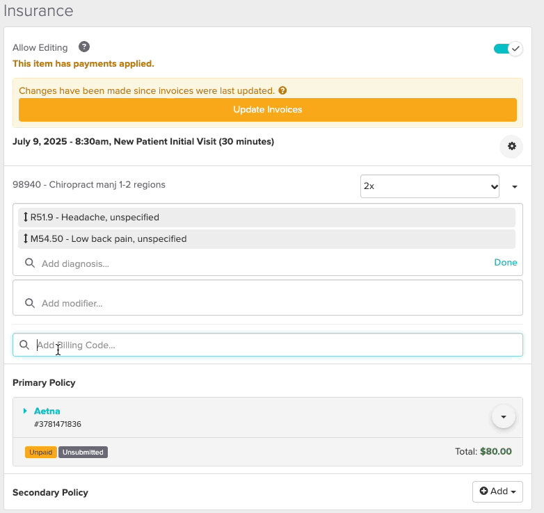 A short video walking through how to add additional procedural or billing codes to the visit