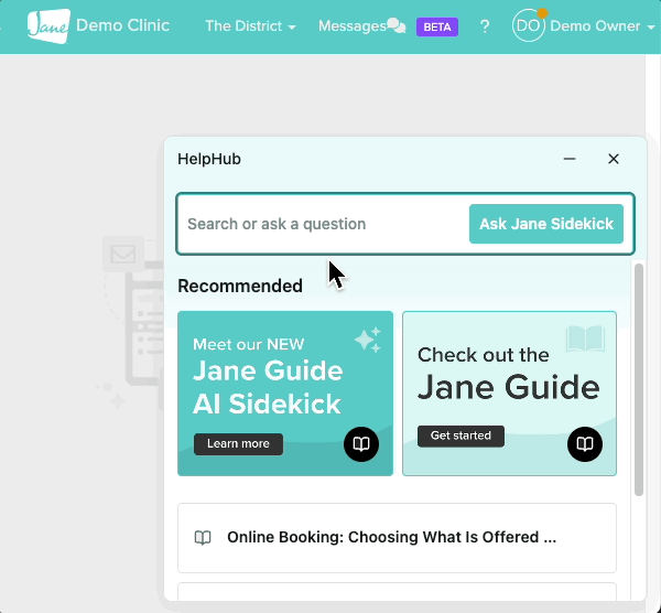 A gif of how to access Jane Sidekick when logged into Jane